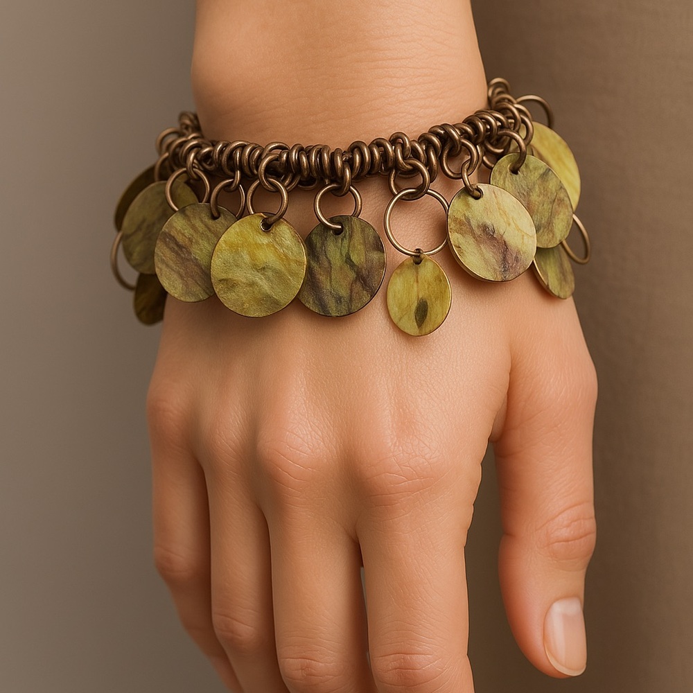 Bracelet Shell discs gold metal rings made in Panama vintage